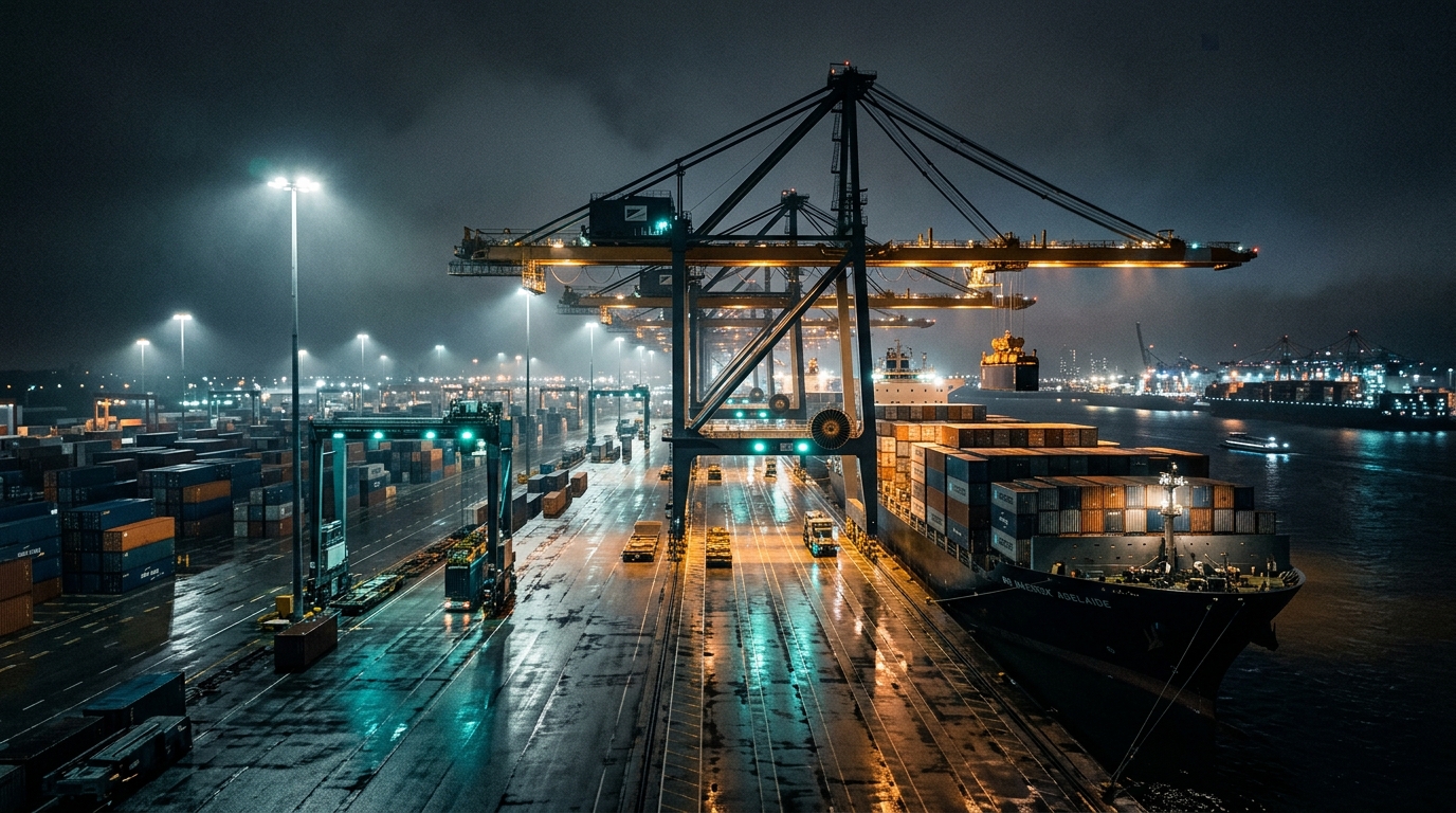 遠洋貨輪航行於國際水域，象徵全球貿易連結